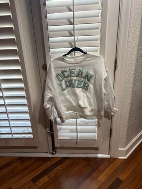 NWOT Judith March Ocean Lover White Sweatshirt with Aqua Appliqué